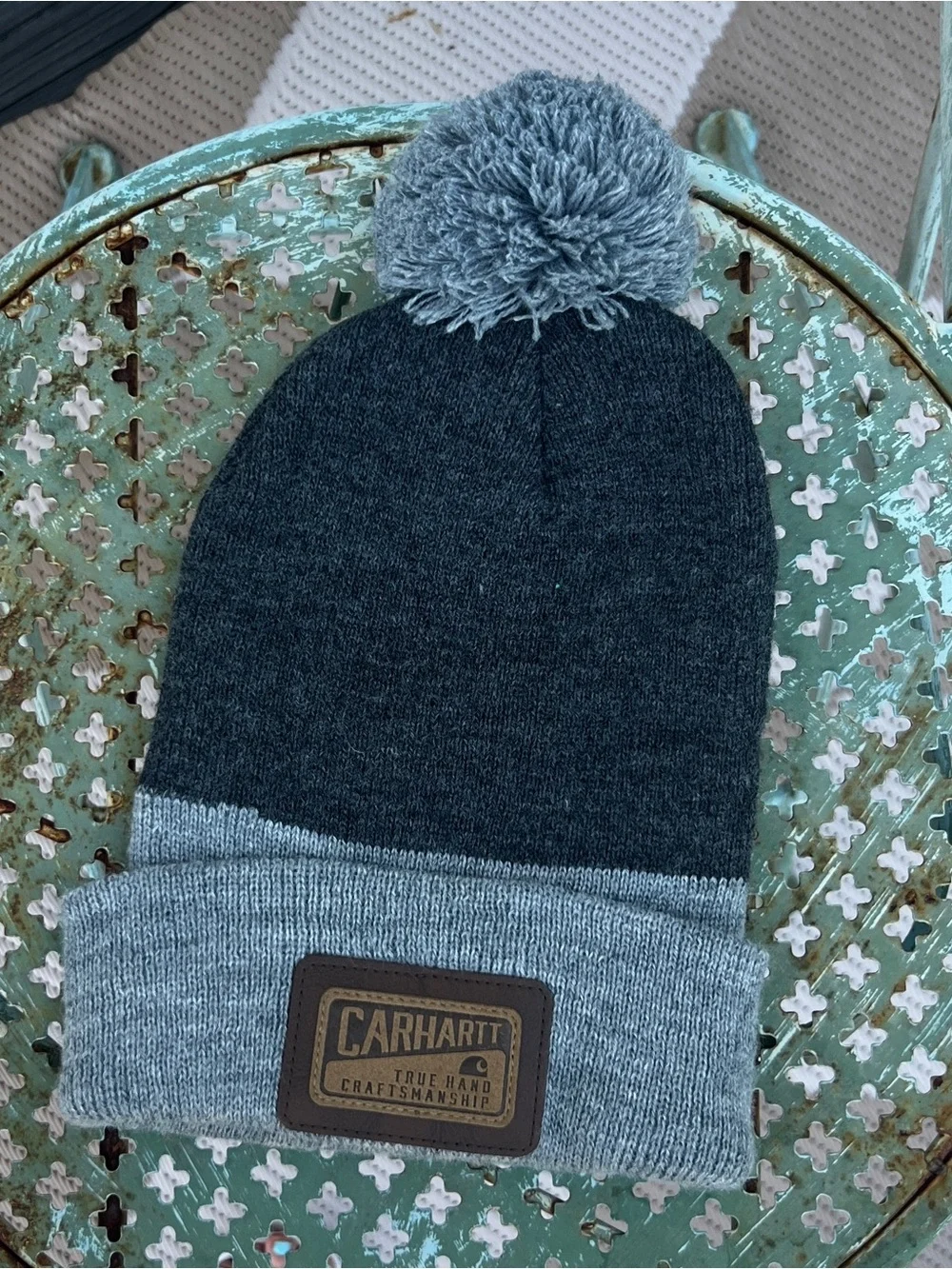 Carhartt Pom Pom Beanie Gray Knit Hat Winter Cuffed Logo Cap Unisex